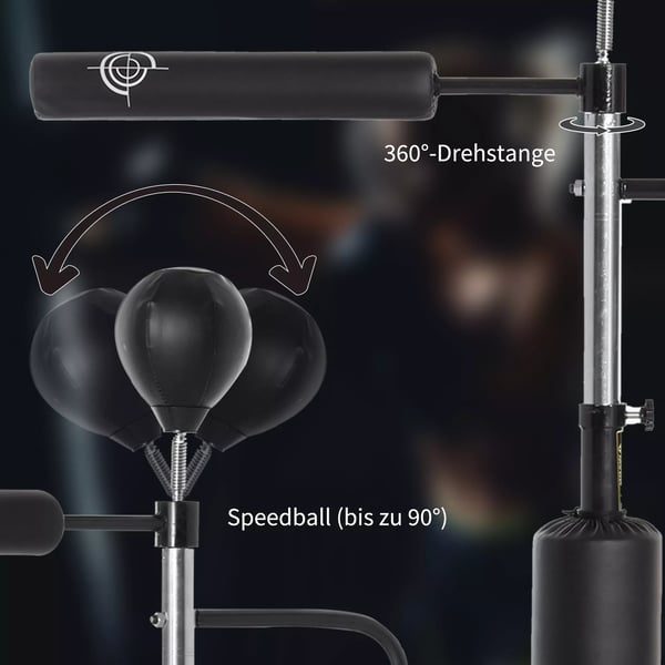 HOMCOM Boksestativ Træner med Refleksstang og Speedbolde, Sort, Justerbar Højde 160-230cm, Stål/PU/HDPE Base