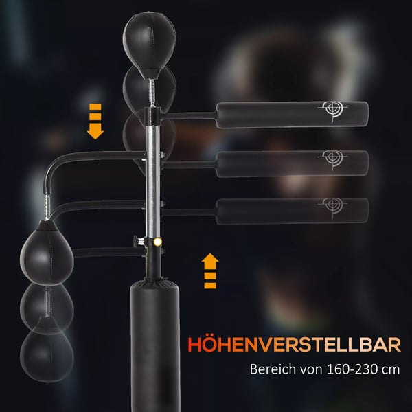 HOMCOM Boksestativ Træner med Refleksstang og Speedbolde, Sort, Justerbar Højde 160-230cm, Stål/PU/HDPE Base