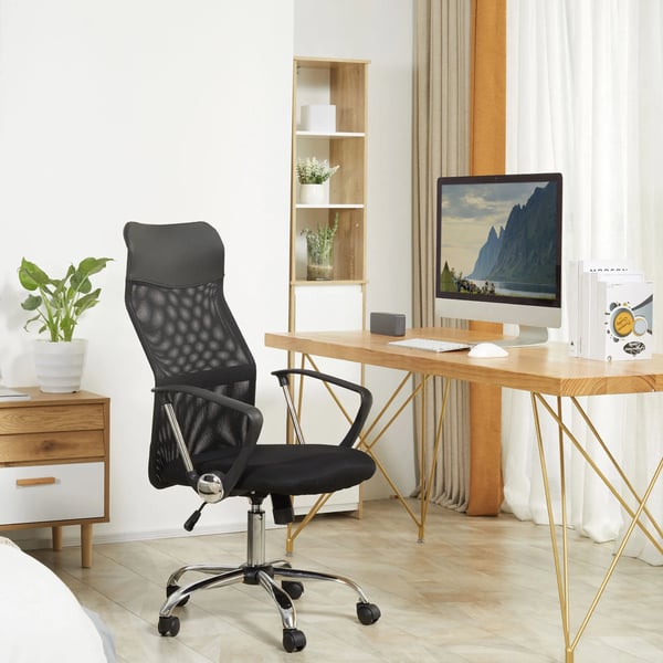 HOMCOM Ergonomisk kontorstol, gamingstol, drejestol med vippefunktion, højdejusterbar skrivebordsstol, skum, net, sort