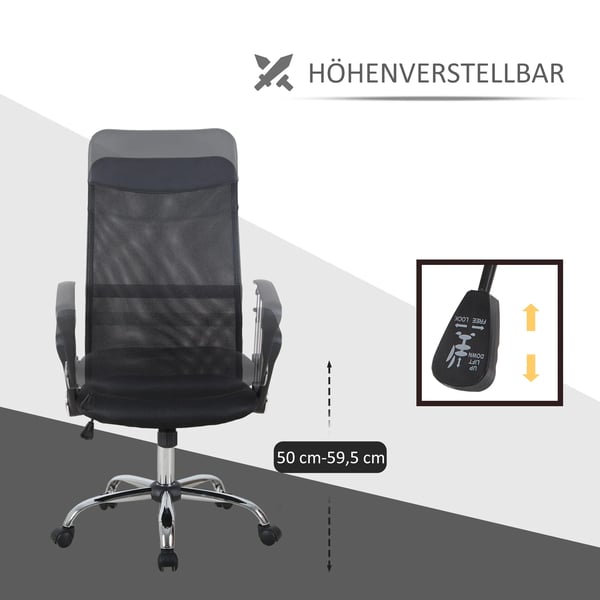 HOMCOM Ergonomisk kontorstol, gamingstol, drejestol med vippefunktion, højdejusterbar skrivebordsstol, skum, net, sort
