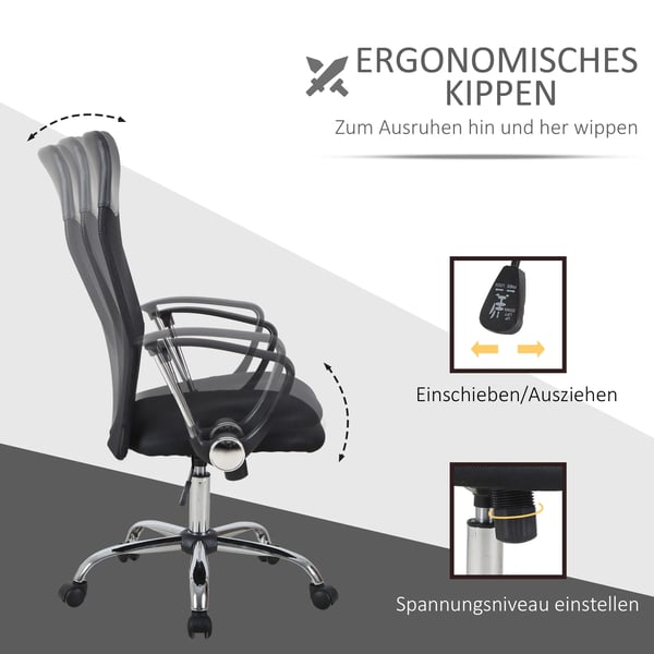 HOMCOM Ergonomisk kontorstol, gamingstol, drejestol med vippefunktion, højdejusterbar skrivebordsstol, skum, net, sort
