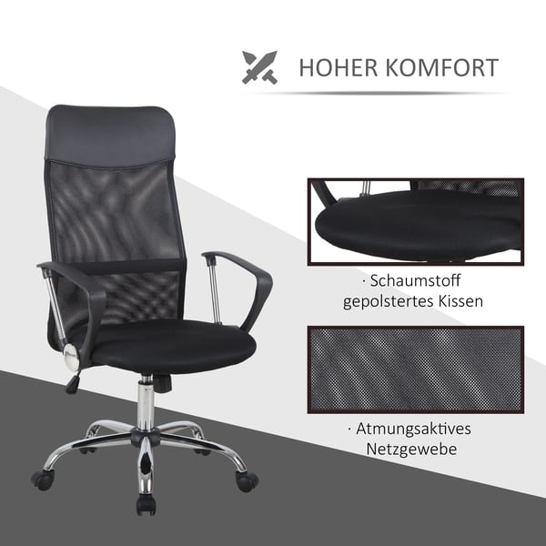 HOMCOM Ergonomisk kontorstol, gamingstol, drejestol med vippefunktion, højdejusterbar skrivebordsstol, skum, net, sort