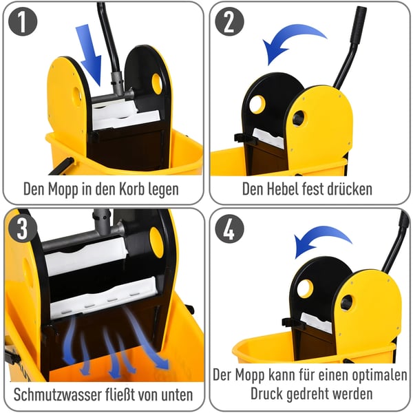HOMCOM Rengøringsvogn 26L Træske Gul PP Plastik Metal 44x36x90cm