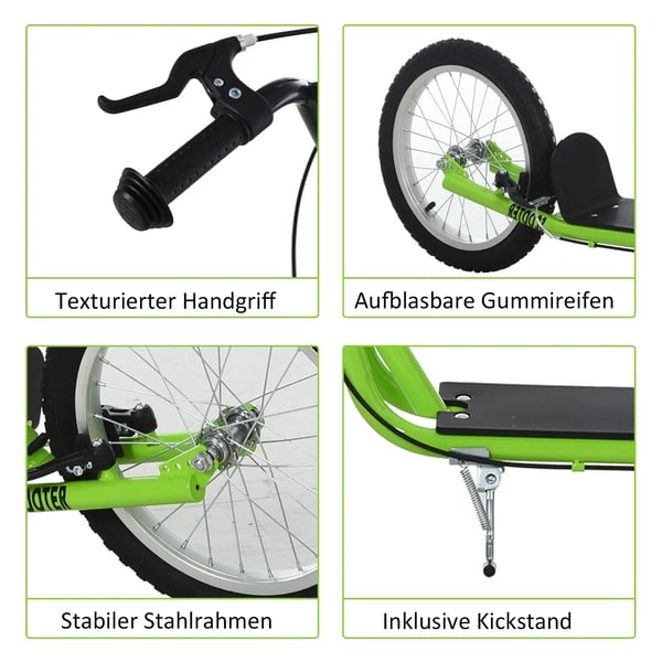 HOMCOM Løbehjul til Børn - Grøn, Stål/Aluminium/Gummi, 16 tommer Luftfyldte Dæk, Håndbremse