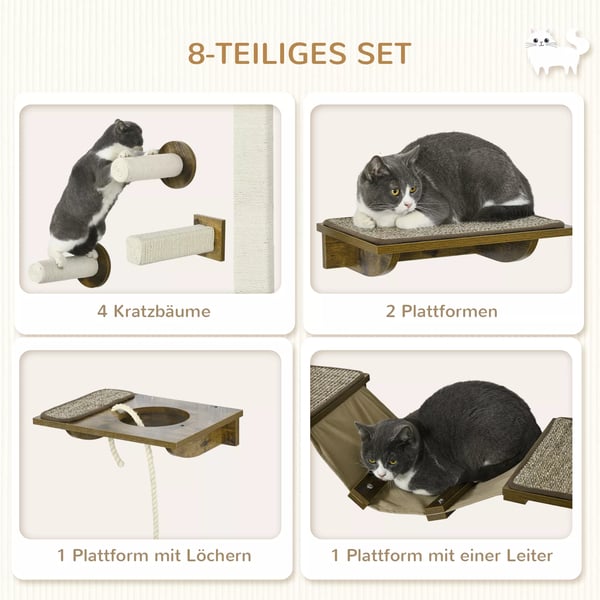 PawHut Klatremøbler til katte sæt, 8 dele, med kradsetræer, siddepinde, kradsebræt, kattestige, sisal, brun/cremehvid
