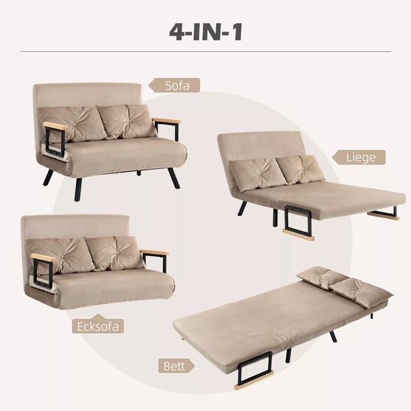Sovesofa i Lysbrun Polyester med 5-trins Justerbart Ryglæn og Pude, Fold-ud Seng til Stue/Soveværelse