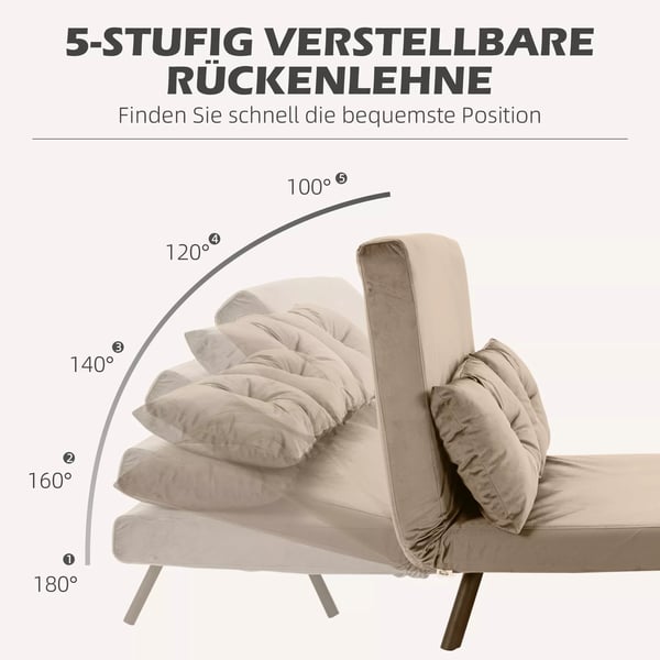 Sovesofa i Lysbrun Polyester med 5-trins Justerbart Ryglæn og Pude, Fold-ud Seng til Stue/Soveværelse