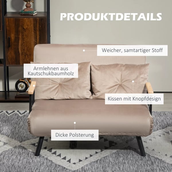 Sovesofa i Lysbrun Polyester med 5-trins Justerbart Ryglæn og Pude, Fold-ud Seng til Stue/Soveværelse