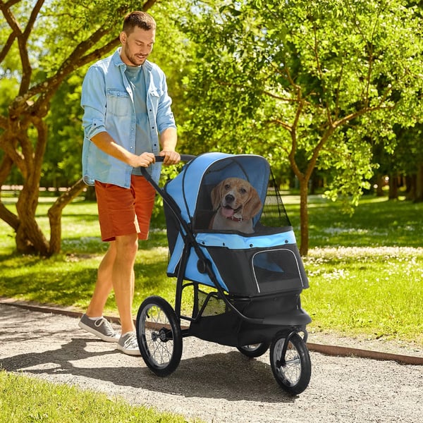 PawHut Hundetransportvogn - Sammenfoldelig, Opbevaringskurv, Solskærm, Blå Polyester