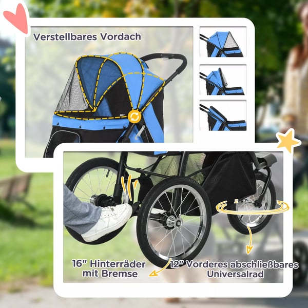 PawHut Hundetransportvogn - Sammenfoldelig, Opbevaringskurv, Solskærm, Blå Polyester