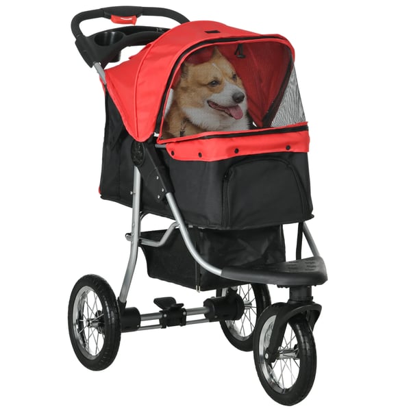 PawHut hundevogn hundeklapvogn katteklapvogn kæledyrsklapvogn med 3 hjul foldbar hund kat Oxford rød+sort 109,5 x 54,5 x 106,5 cm