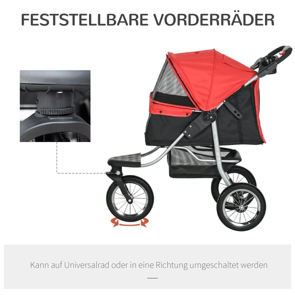 PawHut hundevogn hundeklapvogn katteklapvogn kæledyrsklapvogn med 3 hjul foldbar hund kat Oxford rød+sort 109,5 x 54,5 x 106,5 cm