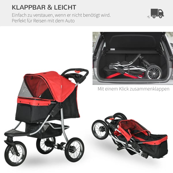 PawHut hundevogn hundeklapvogn katteklapvogn kæledyrsklapvogn med 3 hjul foldbar hund kat Oxford rød+sort 109,5 x 54,5 x 106,5 cm