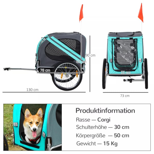 Hundekärra Cykelkärra Hundtransportör, Oxfordtyg med regnskydd, Andningsaktiv, Grön, 130x73x90cm