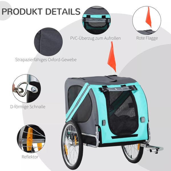 Hundekärra Cykelkärra Hundtransportör, Oxfordtyg med regnskydd, Andningsaktiv, Grön, 130x73x90cm