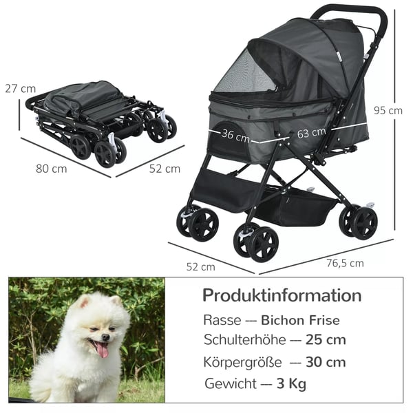 PawHut Hundebuggy Mørkegrå Polyester - Kæledyrsvogn til Små Hunde & Katte, 76,5x52x95cm