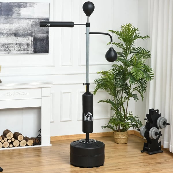 HOMCOM Boksestativ Træner med Refleksstang og Speedbolde, Sort, Justerbar Højde 160-230cm, Stål/PU/HDPE Base