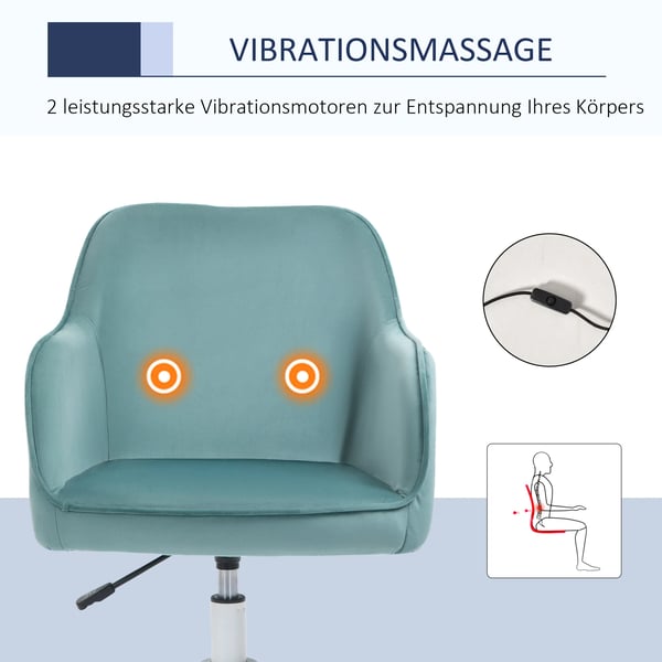 Vinsetto massagestol, kontorstol med USB og vibrationsfunktion, grøn fløjl, højdejusterbar