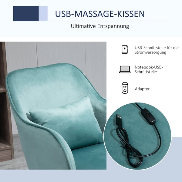 Vinsetto massagestol, kontorstol med USB og vibrationsfunktion, grøn fløjl, højdejusterbar