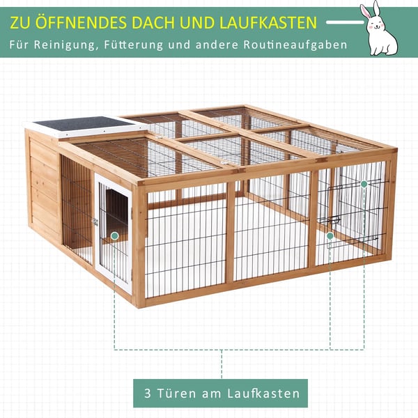 PawHut kaninbur smådyrsindhegning 123 x 120 x 52 cm med tag der kan åbnes med løbegård grantræ natur
