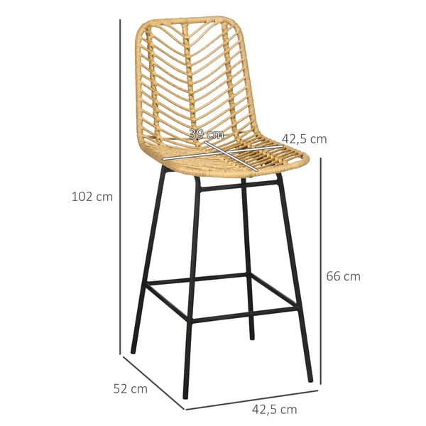 HOMCOM Barstole Sæt med 2, PE-Rattan, Ryglæn, Boho Gul Køkkenstole