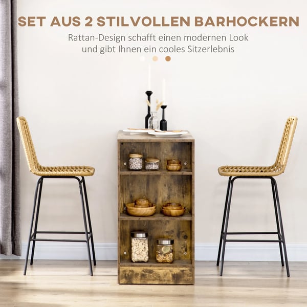 HOMCOM Barstole Sæt med 2, PE-Rattan, Ryglæn, Boho Gul Køkkenstole