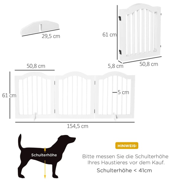 PawHut Hundegitter, 3-leddelt, hvidt, MDF/træ, 154,5x29,5x61 cm