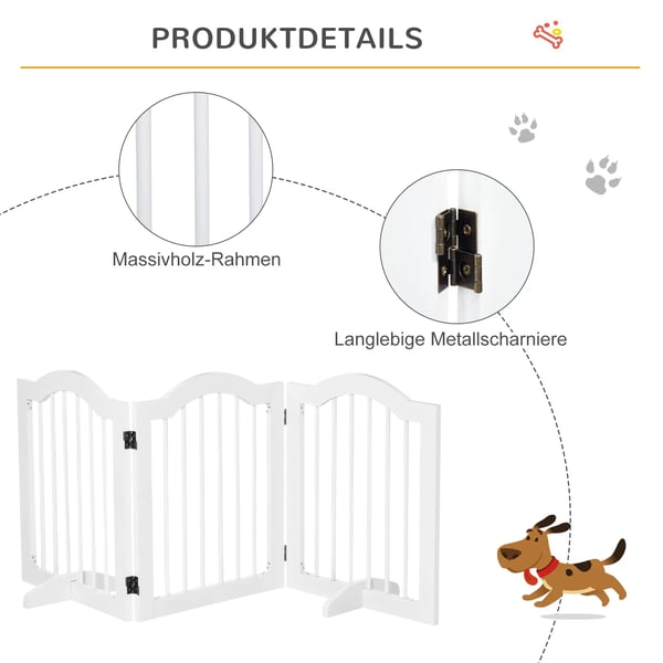 PawHut Hundegitter, 3-leddelt, hvidt, MDF/træ, 154,5x29,5x61 cm