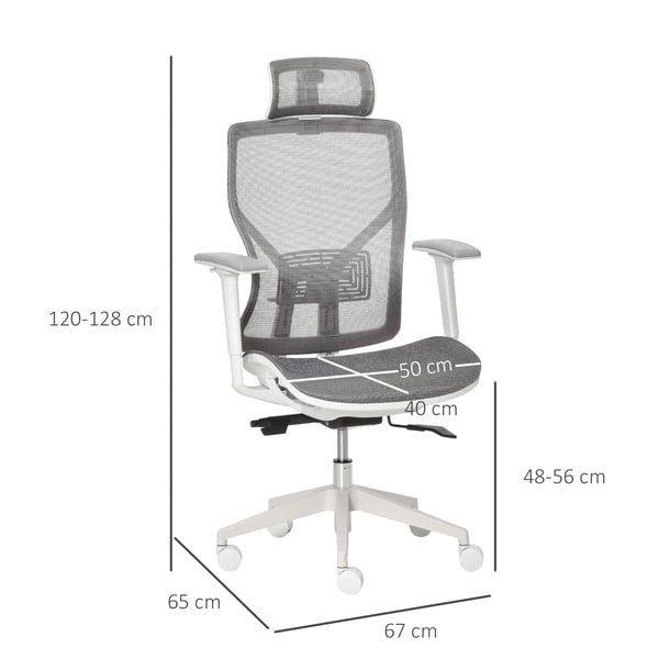 Vinsetto Ergonomisk Kontorstol - Grå, Justerbar Skrivebordsstol med Lændestøtte og Armlæn, Mesh-stof og Skum, 360° Hjul