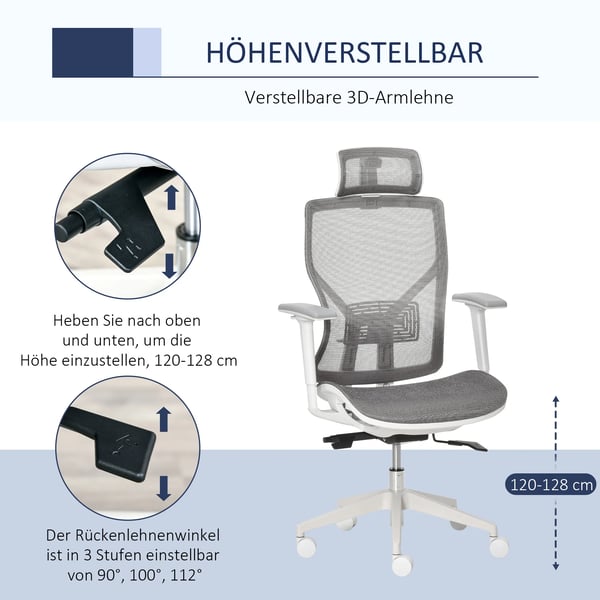 Vinsetto Ergonomisk Kontorstol - Grå, Justerbar Skrivebordsstol med Lændestøtte og Armlæn, Mesh-stof og Skum, 360° Hjul