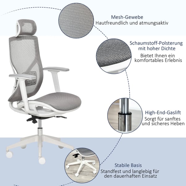 Vinsetto Ergonomisk Kontorstol - Grå, Justerbar Skrivebordsstol med Lændestøtte og Armlæn, Mesh-stof og Skum, 360° Hjul