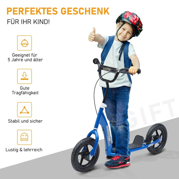 Scooter Roller Børneløbehjul City Roller 12 tommer med bagbremse, højdejusterbar, stål & EVA, blå, 120x52x80-88 cm
