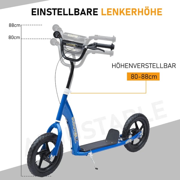 Scooter Roller Børneløbehjul City Roller 12 tommer med bagbremse, højdejusterbar, stål & EVA, blå, 120x52x80-88 cm