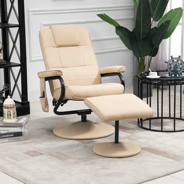 HOMCOM Massagestol med Liggende Funktion og Skammel, Kunstlæder, Creme - 77x84x95 cm