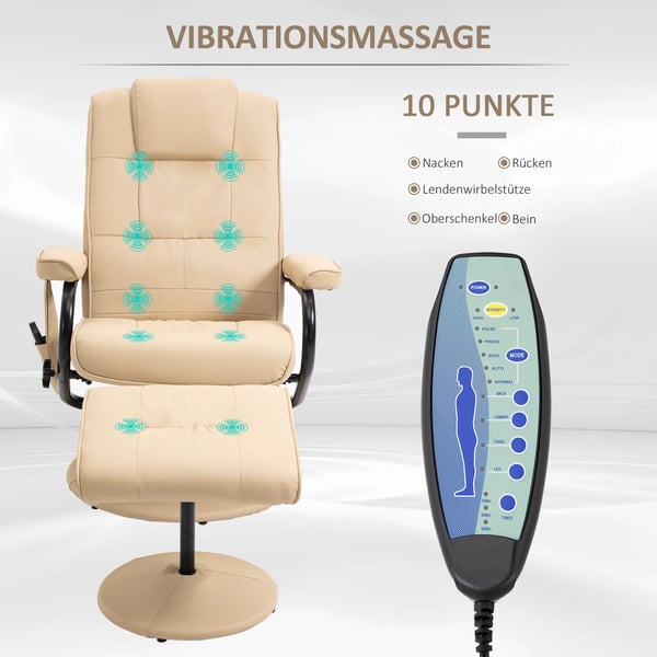 HOMCOM Massagestol med Liggende Funktion og Skammel, Kunstlæder, Creme - 77x84x95 cm
