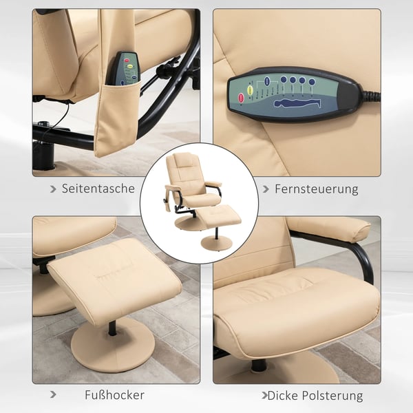 HOMCOM Massagestol med Liggende Funktion og Skammel, Kunstlæder, Creme - 77x84x95 cm
