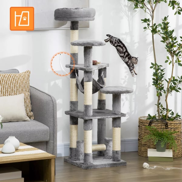 PawHut Katteetræ med krads, hængekøje og platforme - Grå (L40xB40xH132 cm)
