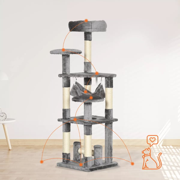 PawHut Katteetræ med krads, hængekøje og platforme - Grå (L40xB40xH132 cm)
