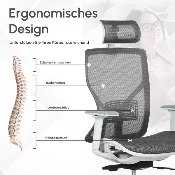 Vinsetto Ergonomisk Kontorstol - Grå, Justerbar Skrivebordsstol med Lændestøtte og Armlæn, Mesh-stof og Skum, 360° Hjul