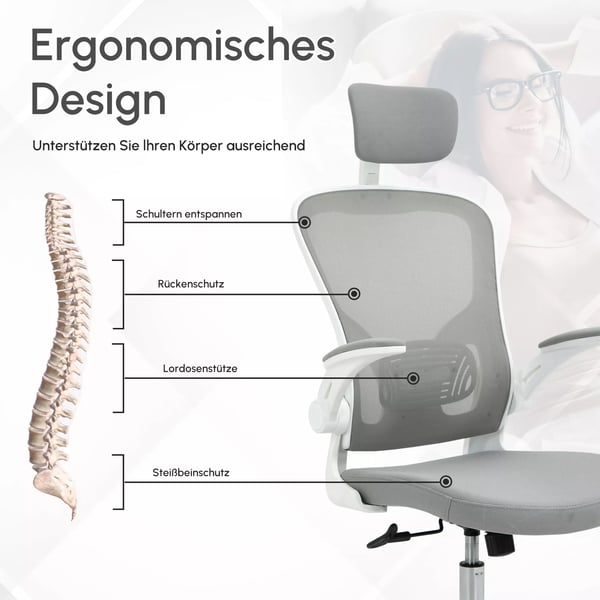 Vinsetto Kontorstol Grå Ergonomisk med Vip, Hovedstøtte og Justerbar Lændestøtte i Mesh og Skum - Maks. 120kg