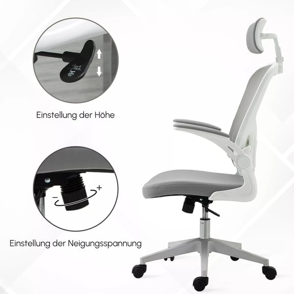 Vinsetto Kontorstol Grå Ergonomisk med Vip, Hovedstøtte og Justerbar Lændestøtte i Mesh og Skum - Maks. 120kg