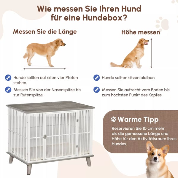 PawHut hundebur i trælook med bordplade og pude til mellemstore hunde Hvid+Grå 86x60x70cm