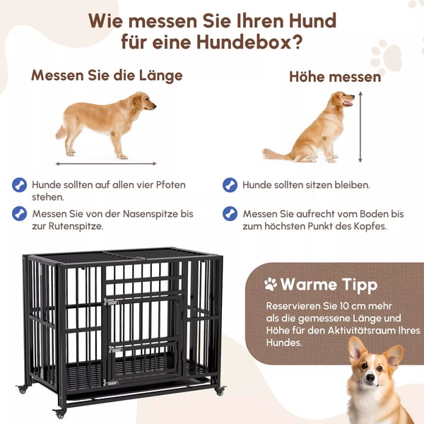 hundebur, hundekasse med dobbeltdøre, hundehytte, hjul, hundehus, stål, sort, 94 x 58 x 78 cm