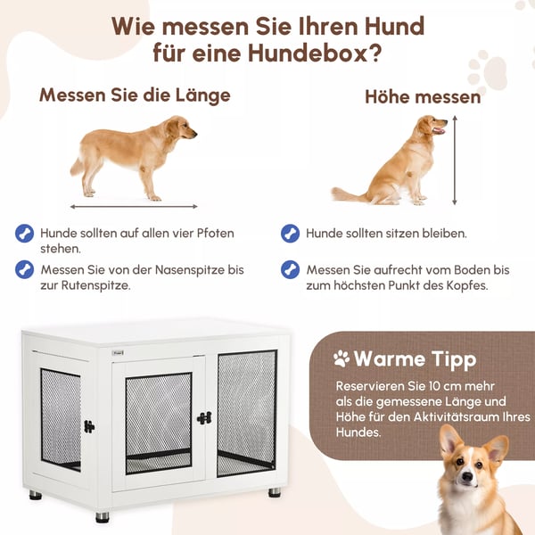PawHut Hundebur med Bordplade - Hvidt Hundehus i Træ | 94 x 60 x 71,5 cm