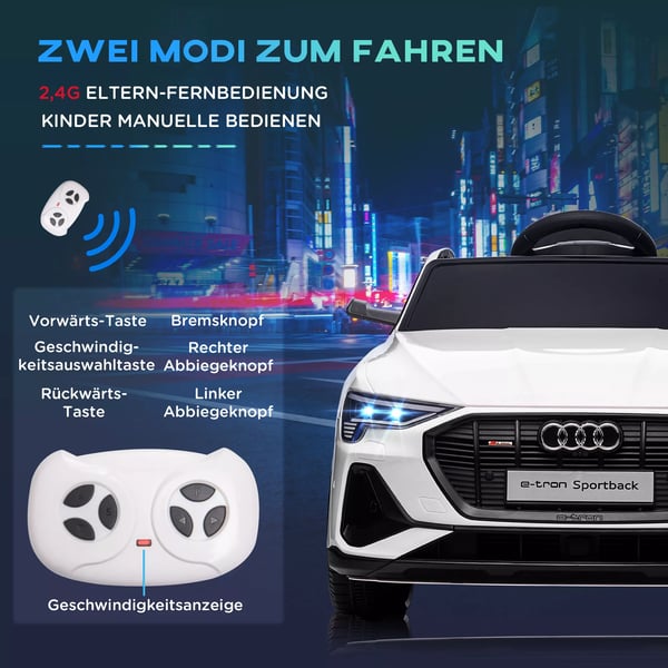 Elbil för barn, vit/svart, 12V, med fjärrkontroll och musikfunktioner