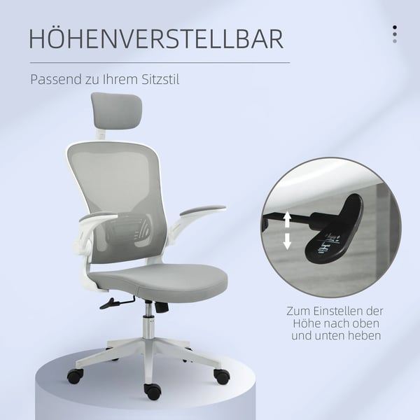 Vinsetto Kontorstol Grå Ergonomisk med Vip, Hovedstøtte og Justerbar Lændestøtte i Mesh og Skum - Maks. 120kg