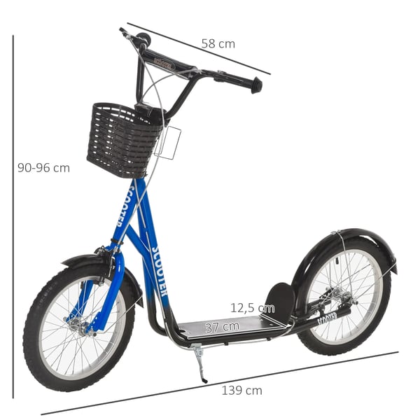 HOMCOM Børnescooter Løbehjul m. Bremse & Kurv, Højdejusterbar, Foldbart, Blå/Sort