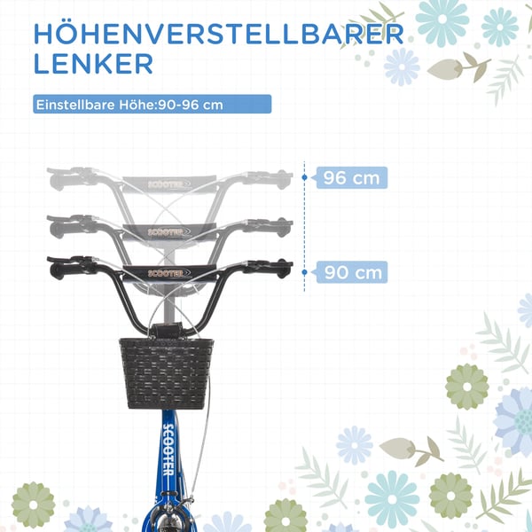 HOMCOM Børnescooter Løbehjul m. Bremse & Kurv, Højdejusterbar, Foldbart, Blå/Sort