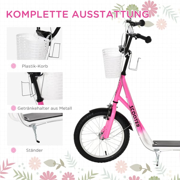 Børneløbehjul med bremse, kurv og justerbar højde - Rosa/Hvid (Metal, Plast)