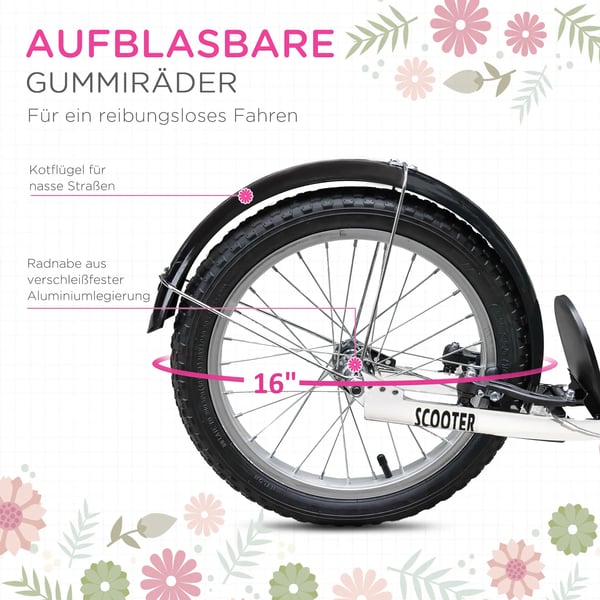 Børneløbehjul med bremse, kurv og justerbar højde - Rosa/Hvid (Metal, Plast)